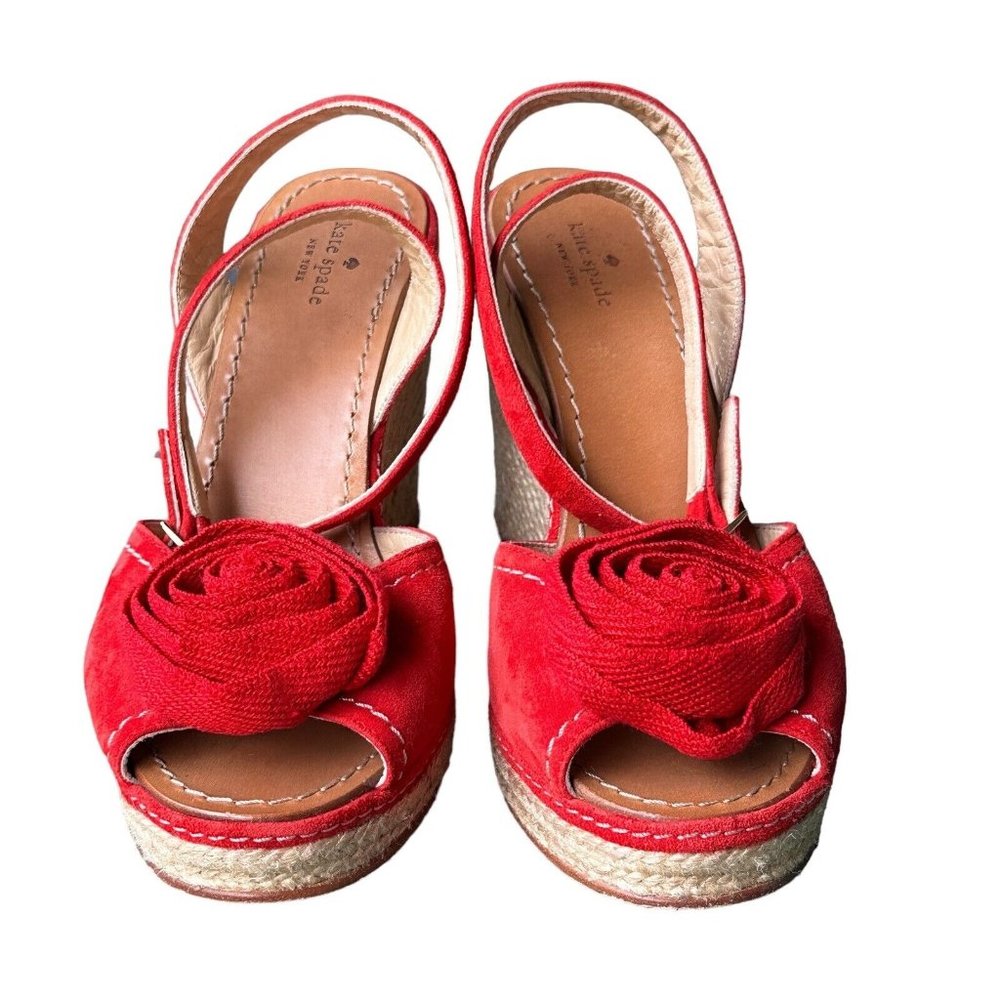 Kate Spade New York Women's Red Suede Brit Flower Toe Wedge Heel Sandals 9 M